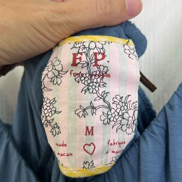 Free People - Blue V Neck With Brown Suede Spaghetti Straps Mini Dress Medium - Picture 9 of 11